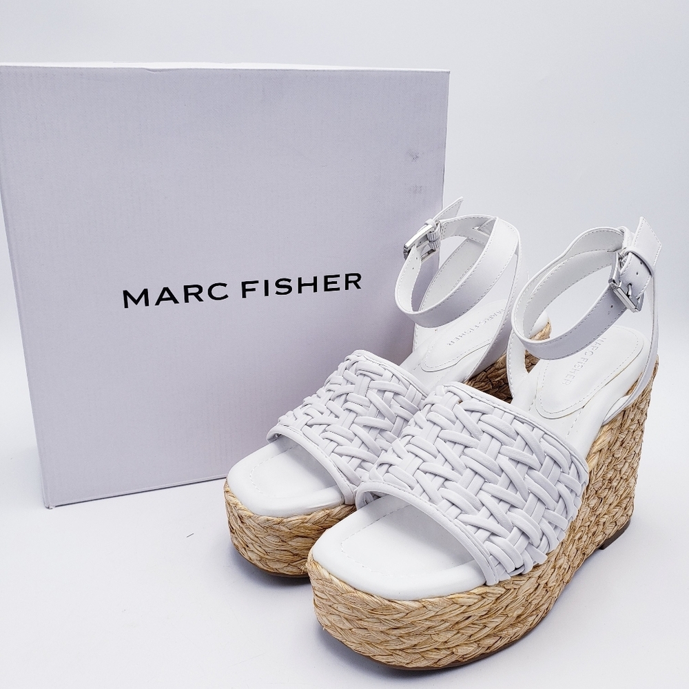 Marc Fisher Godina‎ Wedge Platform Espadrille Sandal White 4.5" Heel Summer